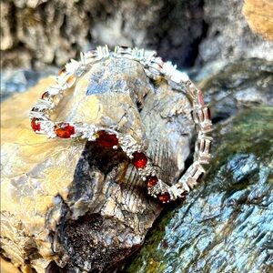 Avon January Garnet Birthstone Tennis Bracelet Silvery with Extra Links